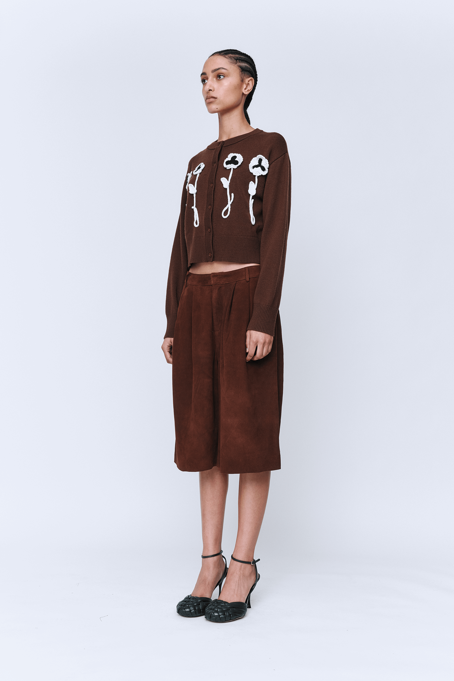 WYNN HAMLYN PANSY FLOWER CARDIGAN IN CHOCOLATE BROWN | THE NEW TREND