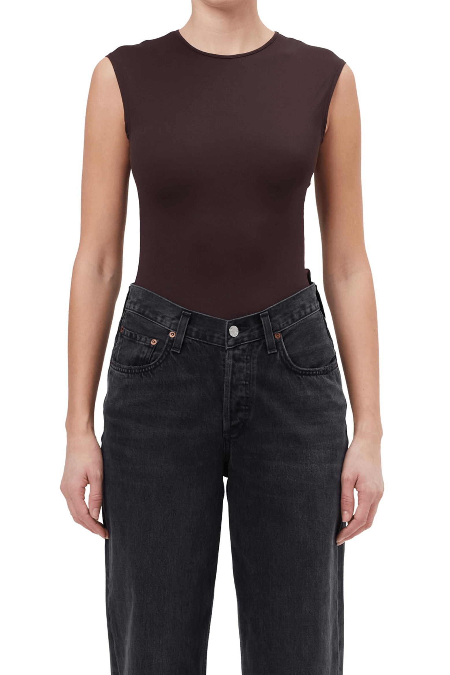 AGOLDE AURA SLEEVELESS BODYSUIT IN CHOCOLATE | THE NEW TREND