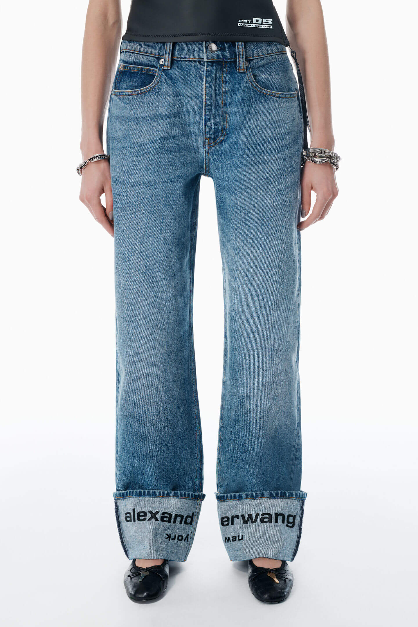 ALEXANDER WANG MID RISE STRAIGHT JEAN WITH EMBROIDERED CUFF