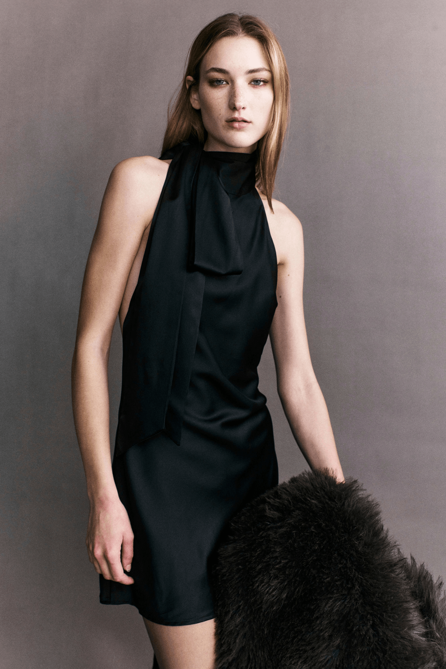 ELISE SILK SATIN TIE NECK MINI DRESS