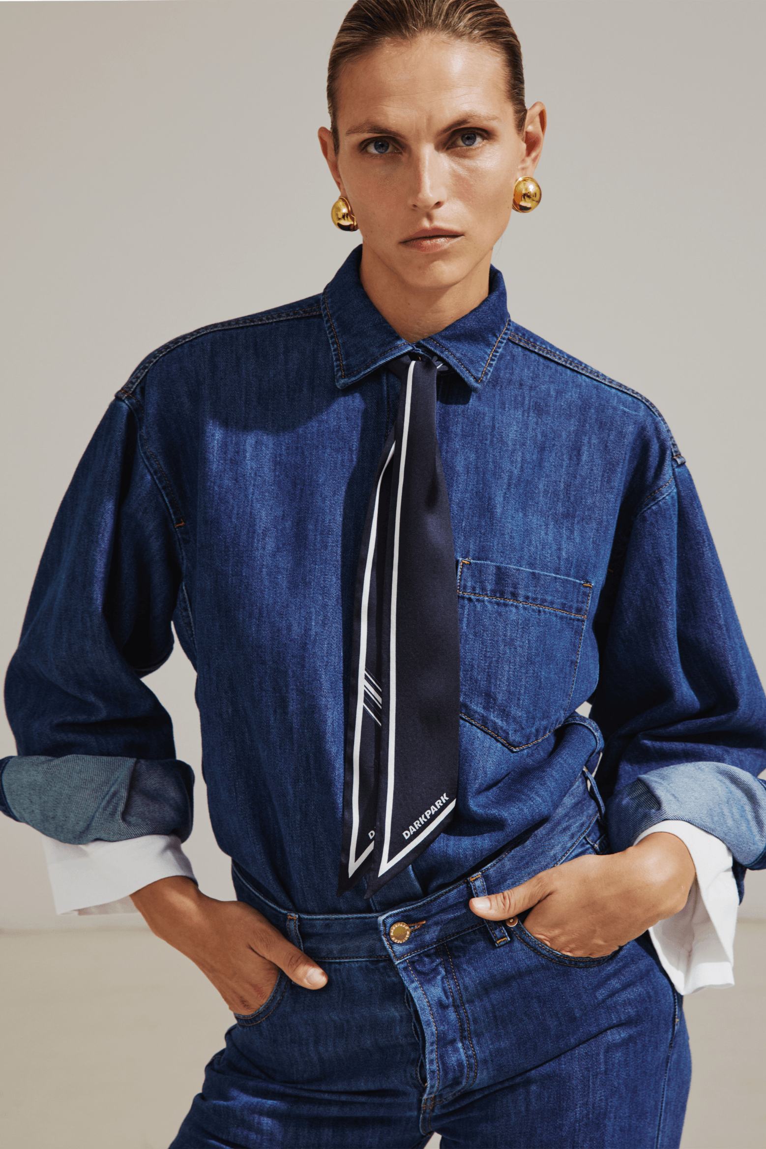 ANNE - SCARF ADORNED TENCEL DENIM TAILORED SHIRT