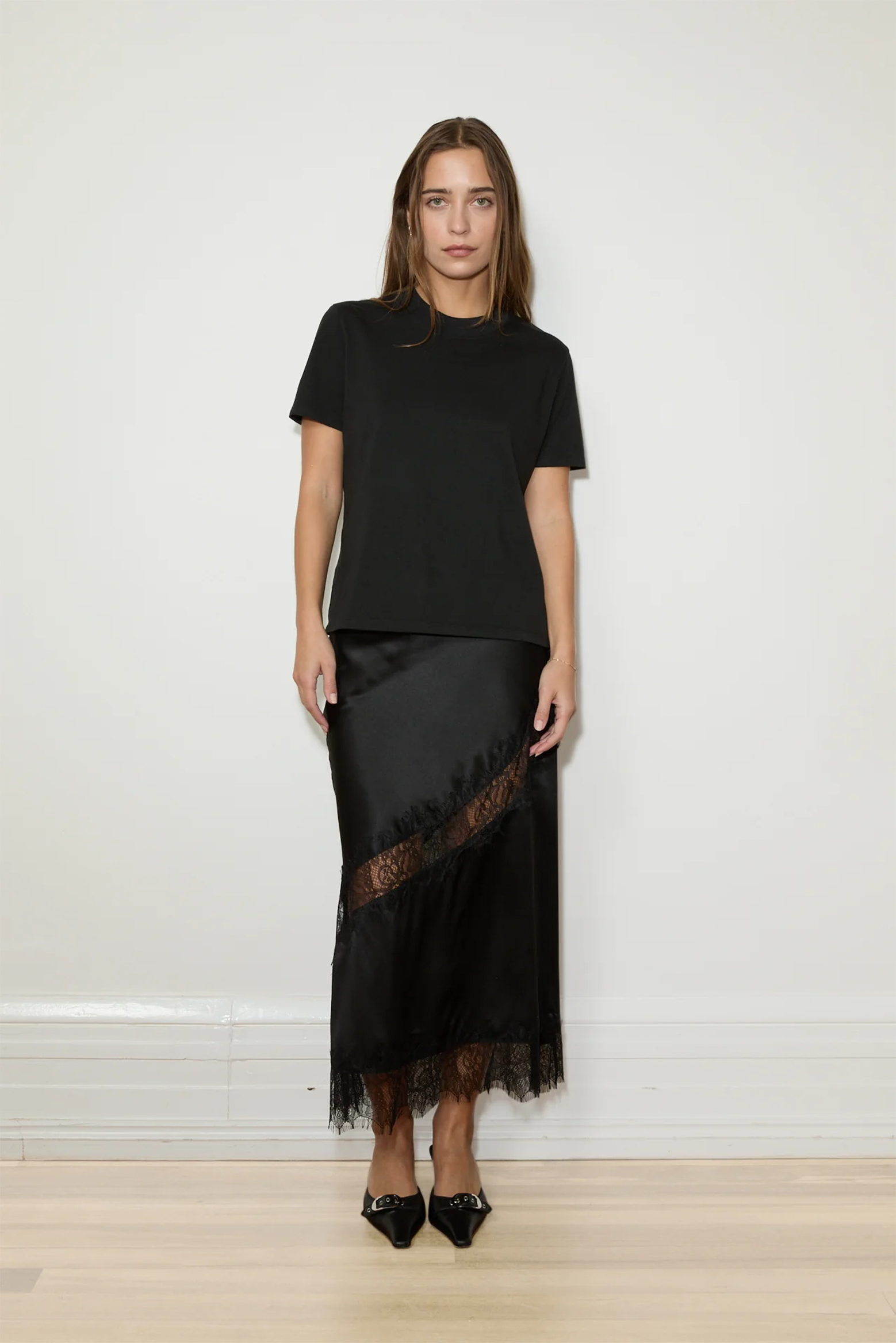 MAISON ESSENTIELE SILK LACE MIDI SKIRT IN BLACK | THE NEW TREND