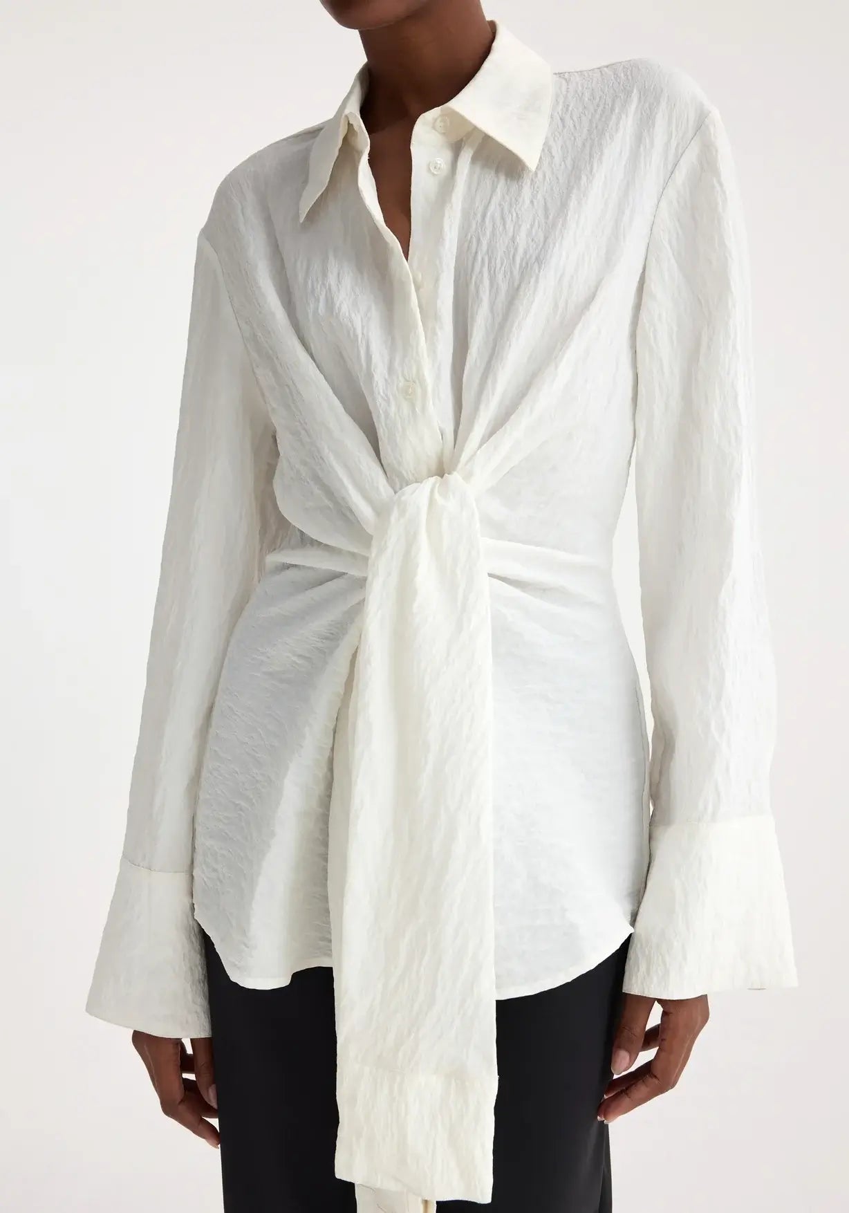 RÓHE HAMMERED SILK KNOTTED SHIRT IN OFF WHITE | THE NEW TREND