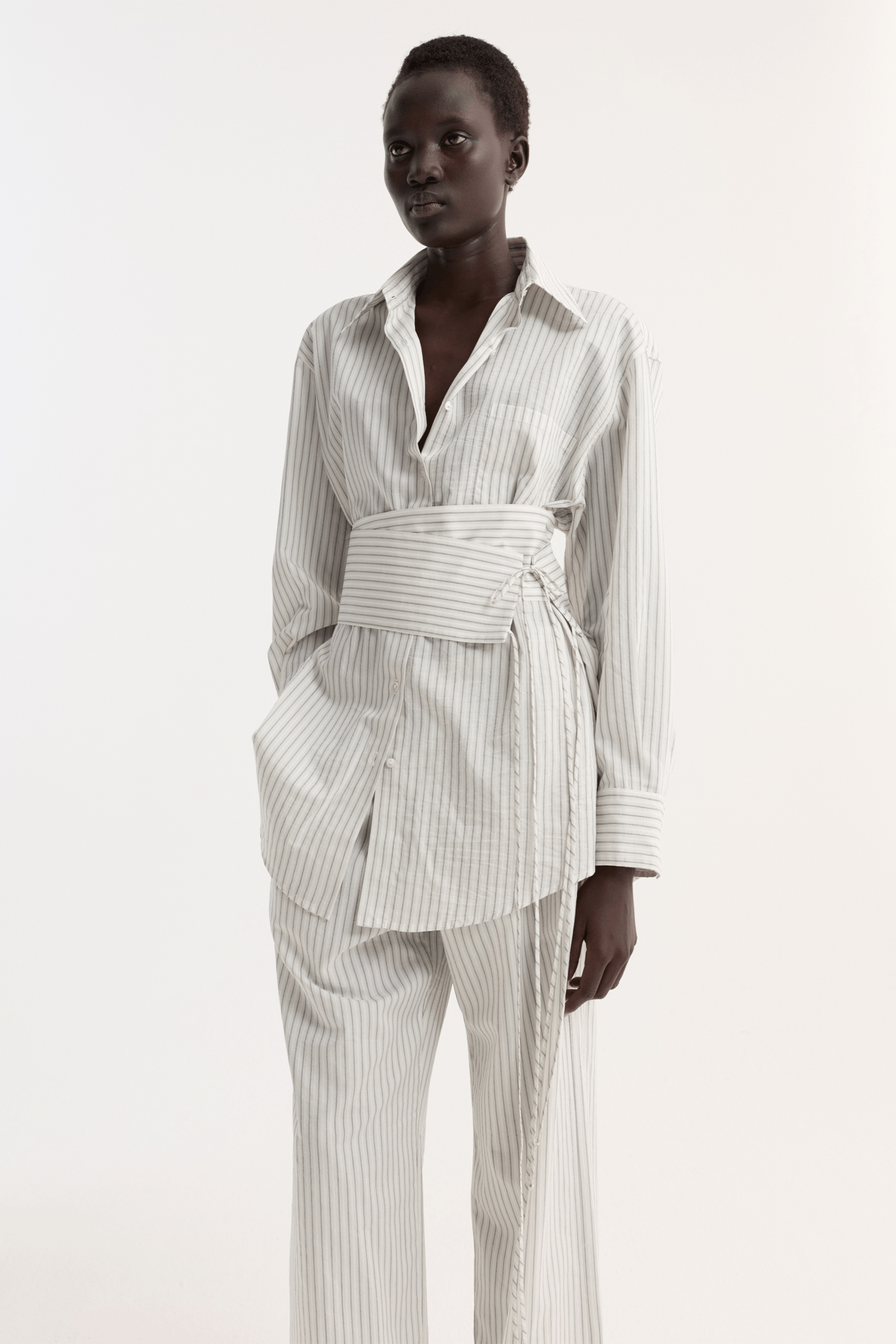 SILK STRIPE BELTED SHIRT