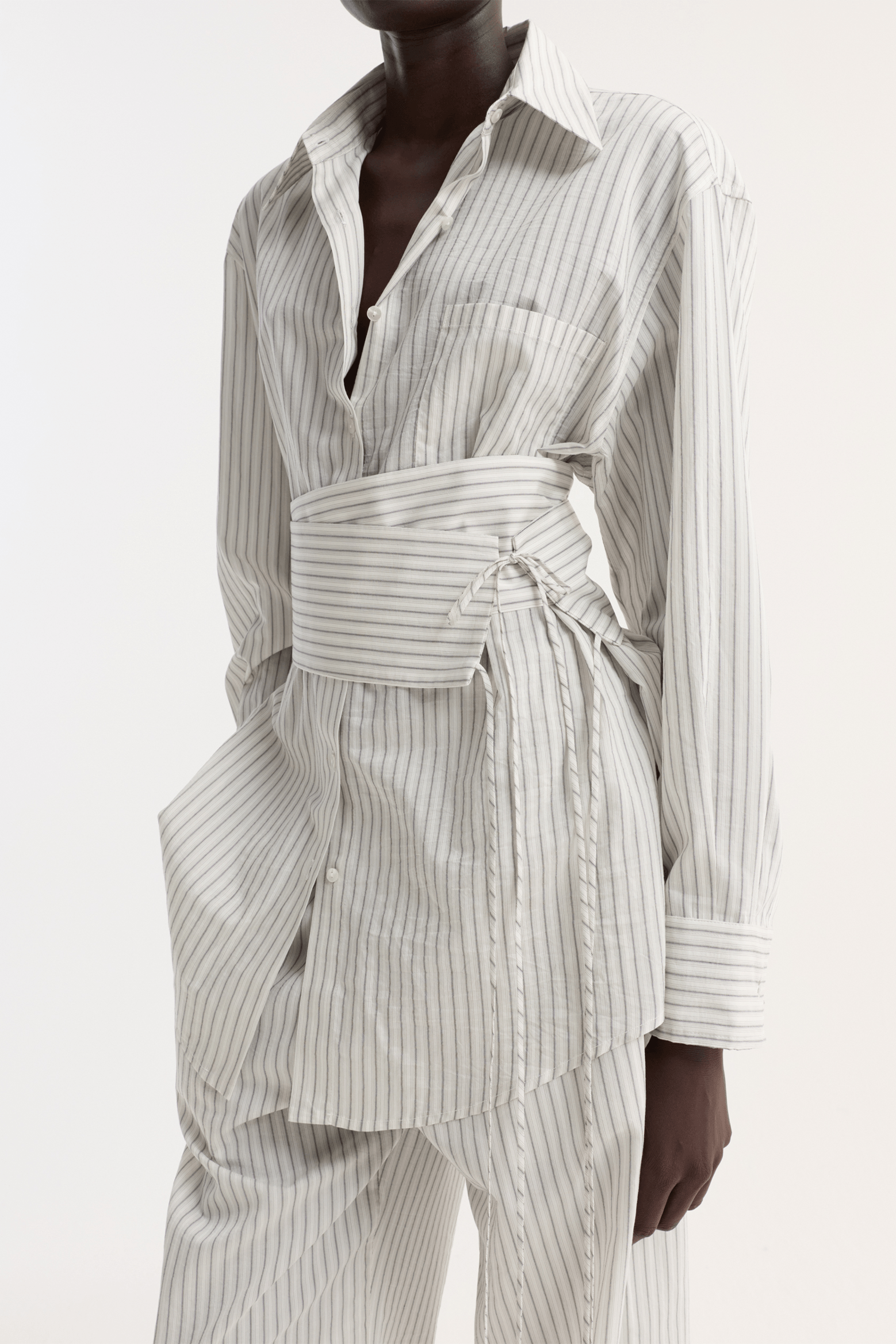 SILK STRIPE BELTED SHIRT