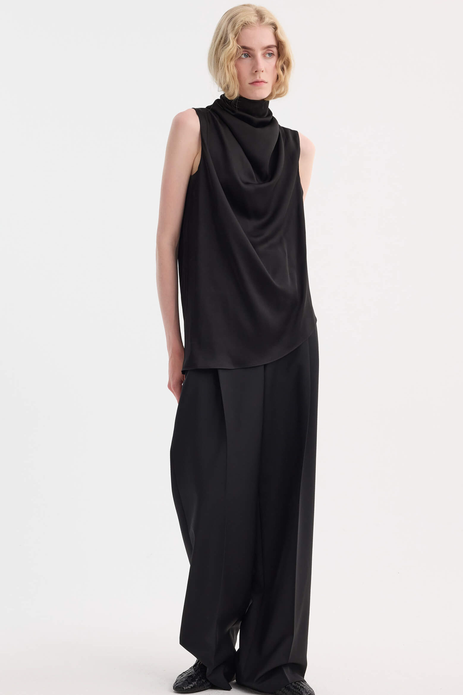 SLEEVELESS DRAPED SATIN TOP