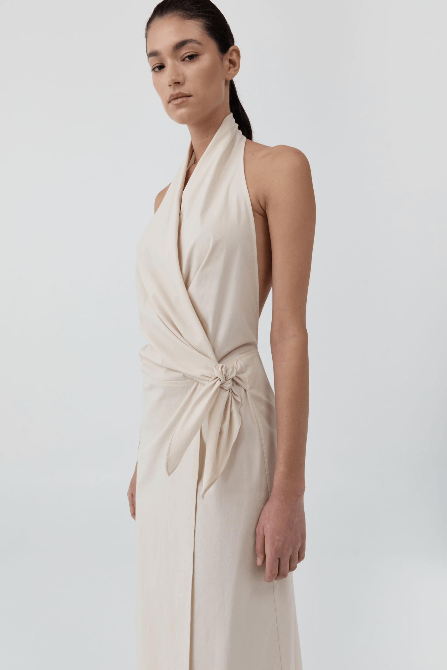 HALTER WRAP BACKLESS DRESS