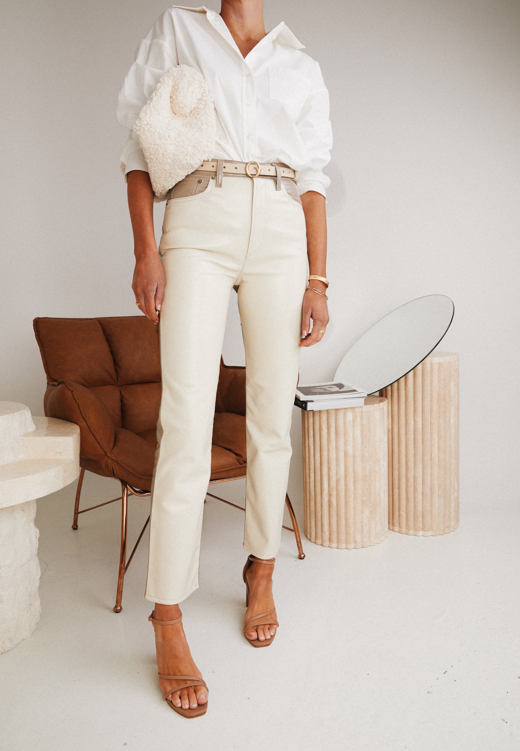 Agolde Panelled Recycled Leather 90's Pinchwaist Pants in Powder and Quail from The New Trend