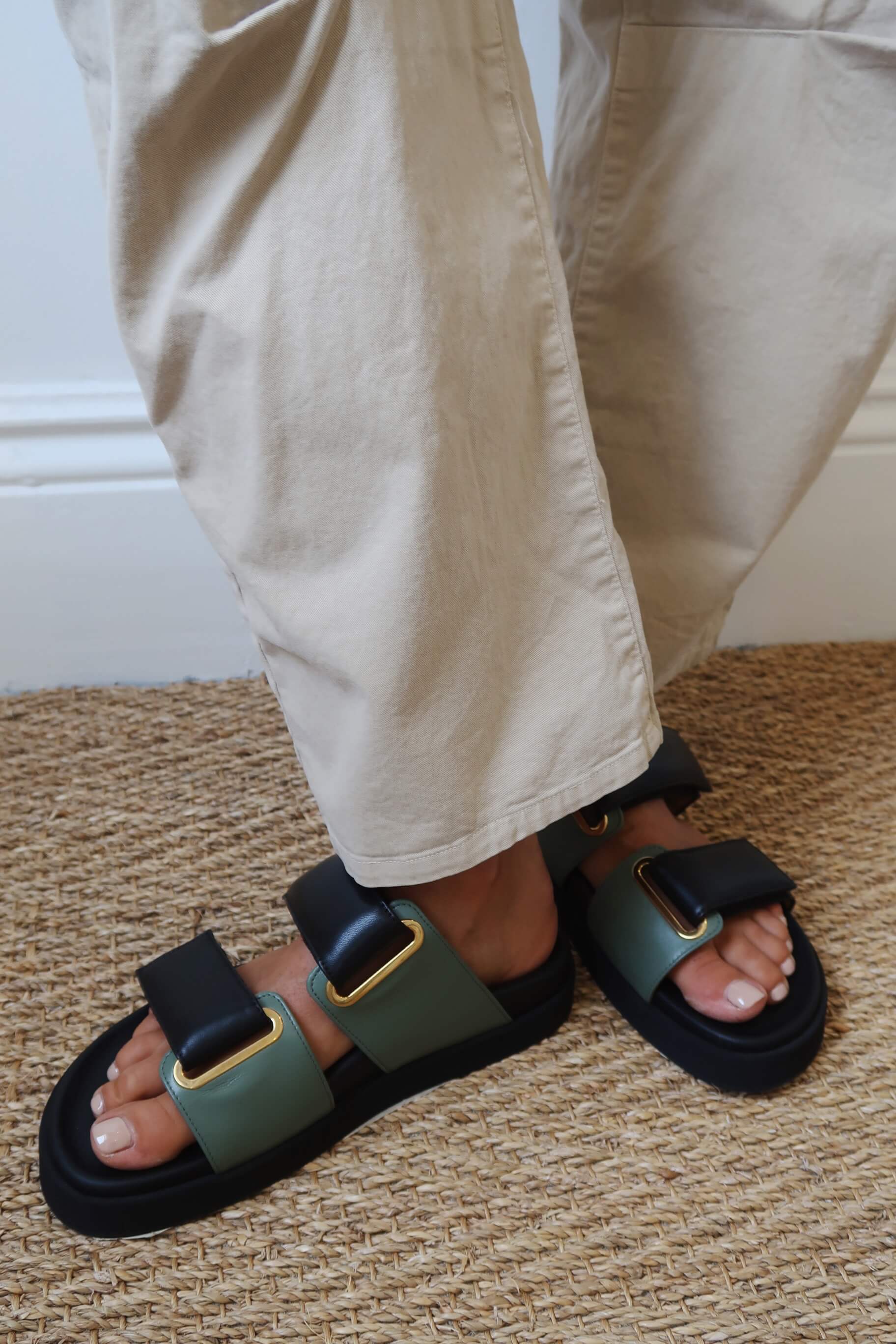 Bare Base Fussbett Sandal in Black and Olive available at The New Trend