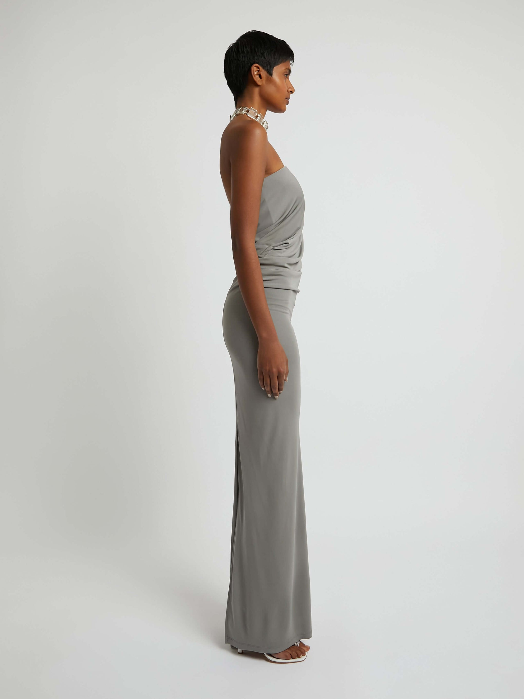 Christopher Esber Strapless Ruche Dress in Concrete available at TNT The New Trend Australia. Free shipping on orders over $300 AUD.