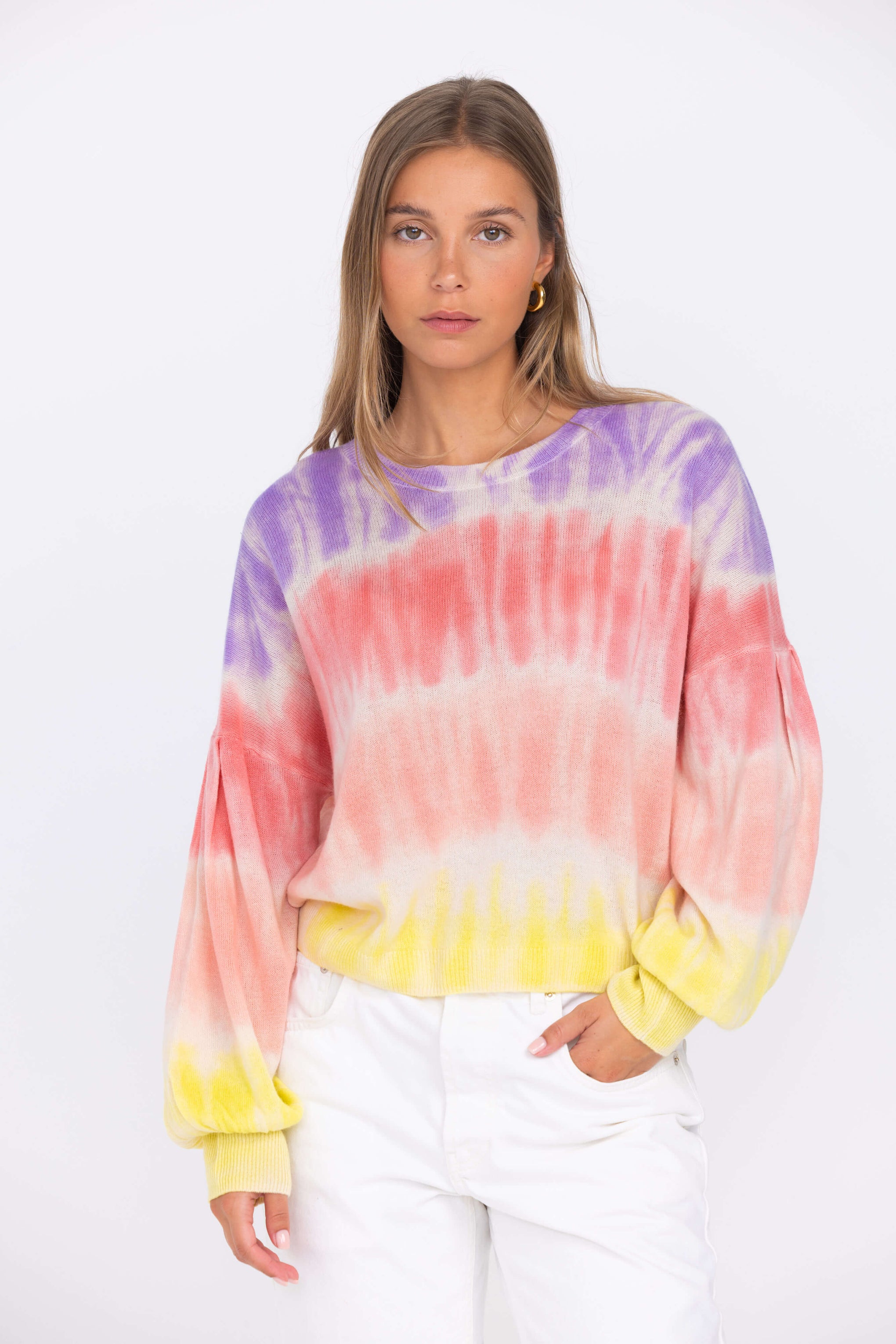 Crush Cashmere Tie Dye Harley Batwing Crew in Sherbert available at The New Trend