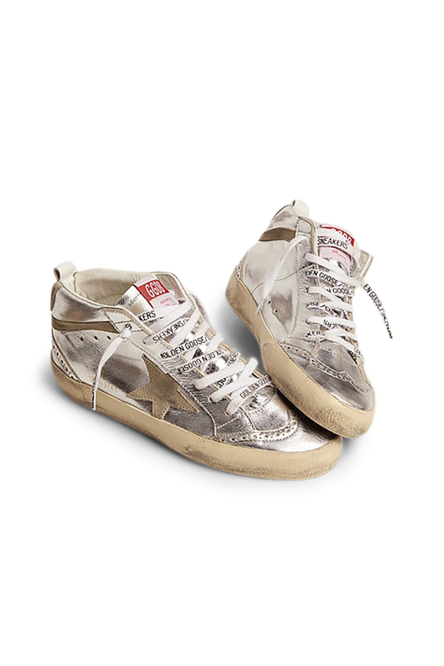 Golden Goose Mid Star Sneakers in Silver and Taupe from The New Trend