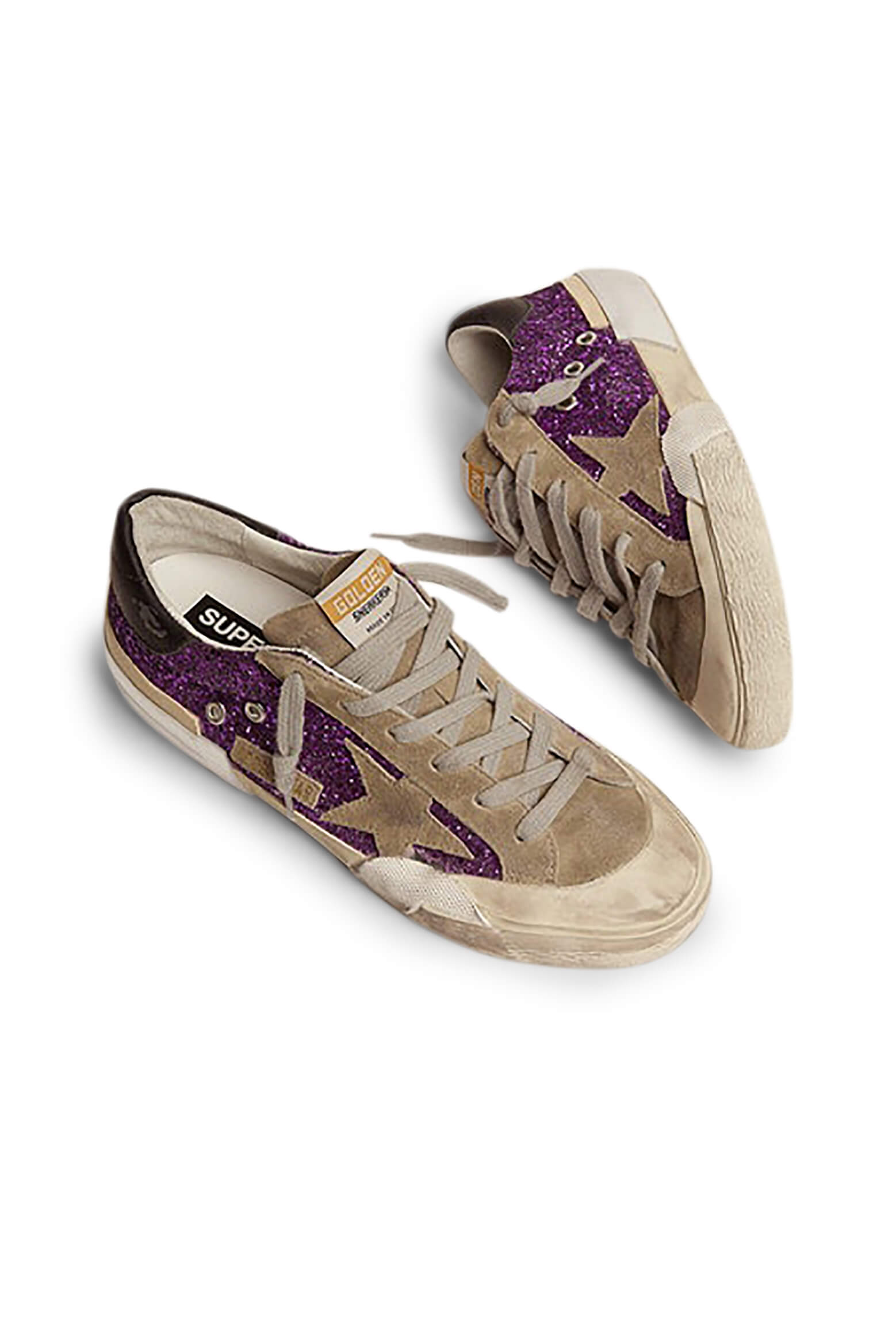 Golden Goose Superstar Sneakers in Purple Glitter, Taupe and Black from The New Trend