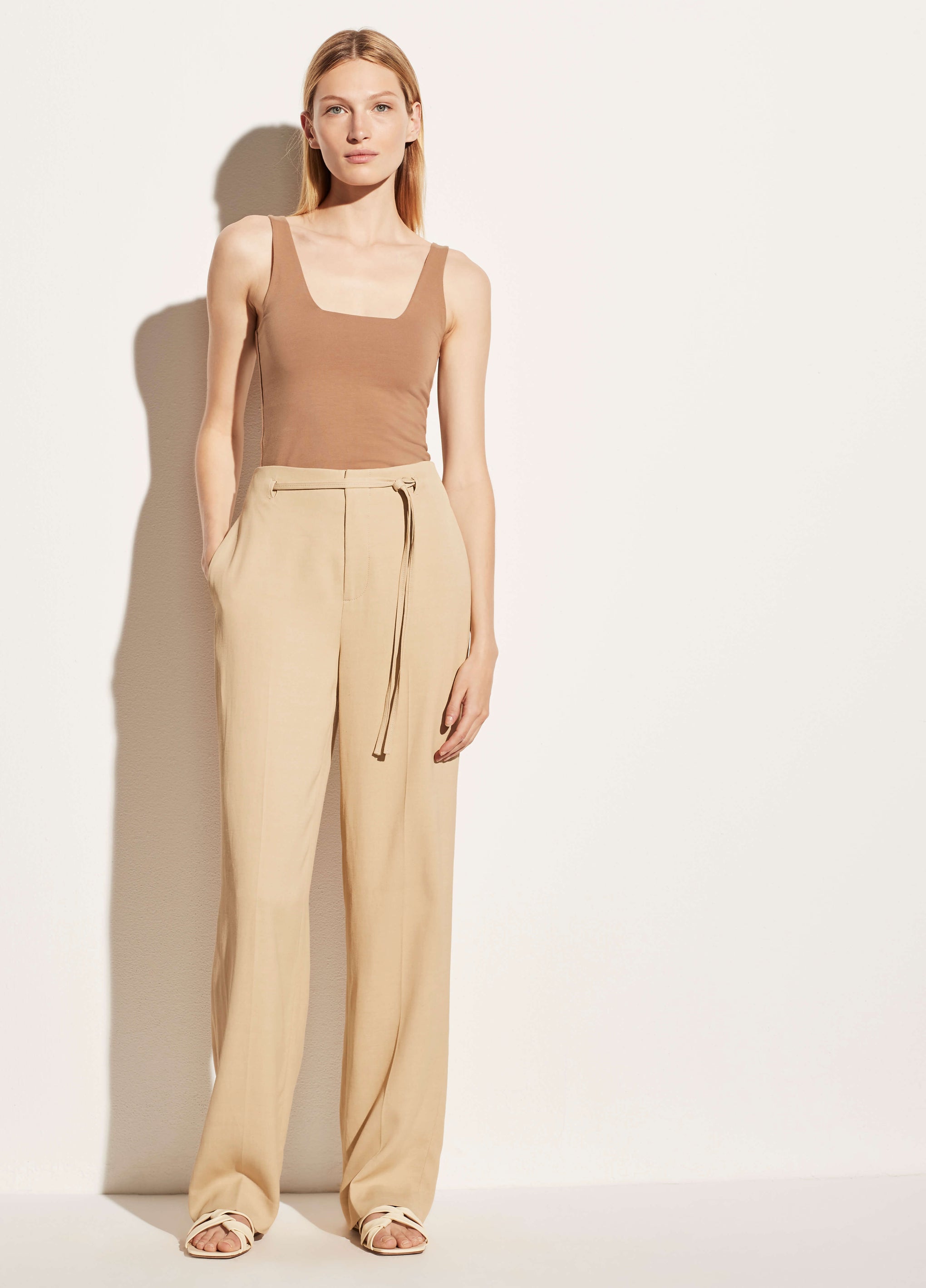 Vince High Waist Belted Pant in Beige from The New Trend